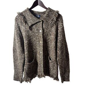 Womens Large Textured Brown Wool Blend Knit Cardigan Sweater fringe hem Boho